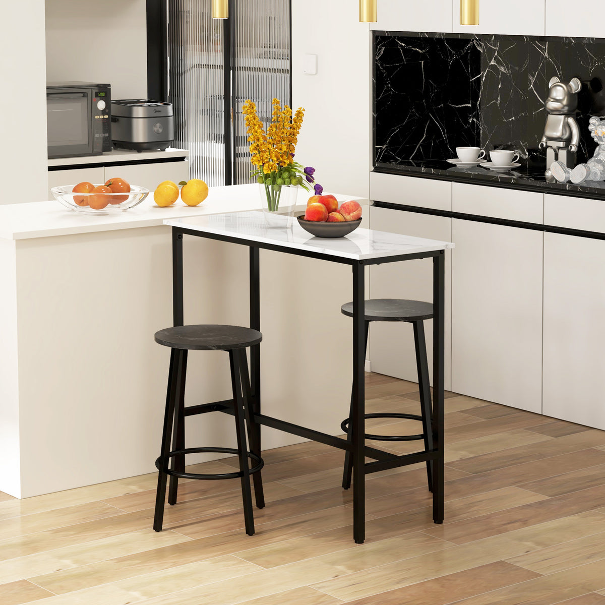 HOMCOM Bar-Set für 2 Personen, 1 Tisch mit 2 Barhockern, Tischplatte in weißer Marmoroptik, Stahlrahmen – Produktabbildung 2