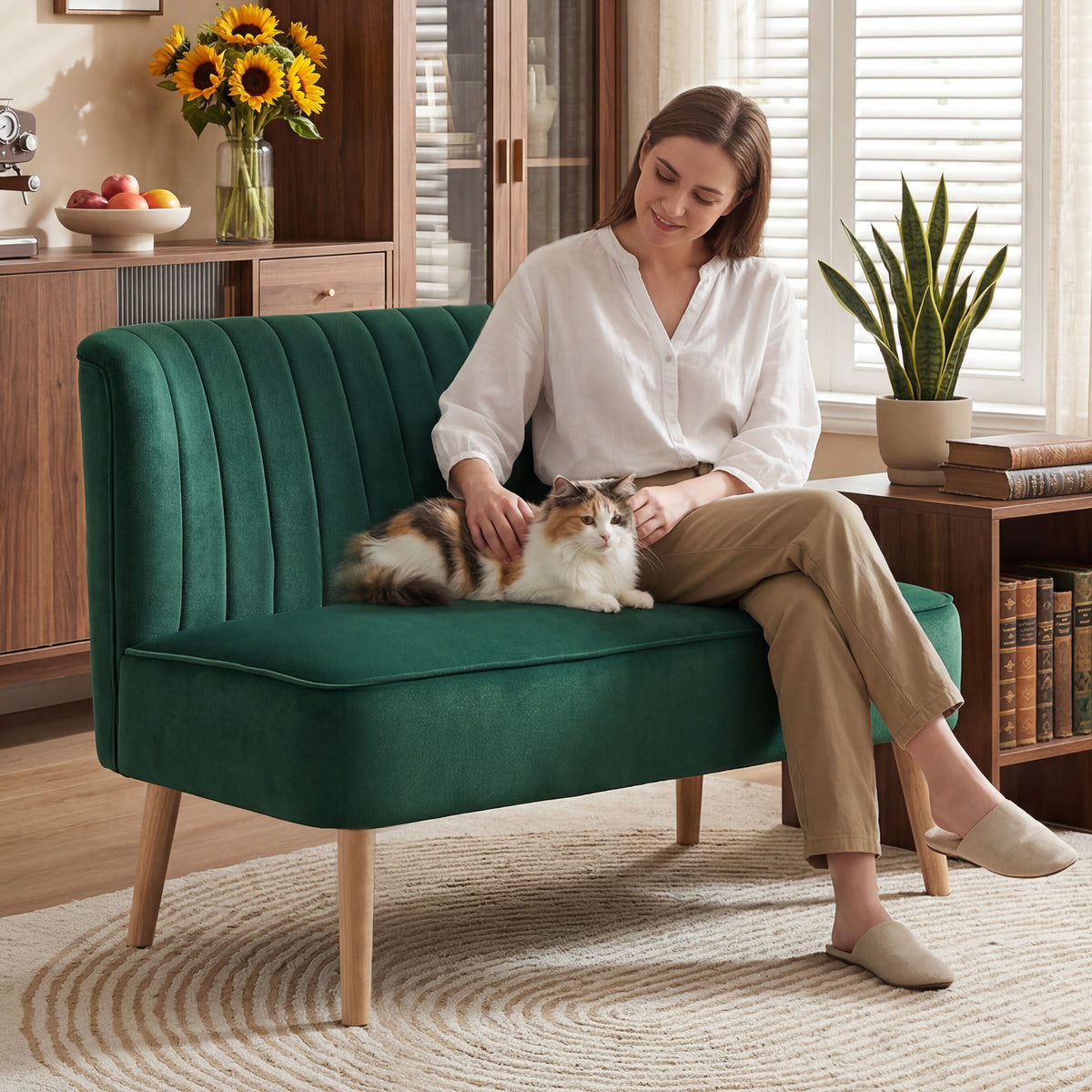 HOMCOM Sofa Retrodesign 2-Sitzer-Sofa, Holzbeine, 117 cm x 56,5 cm x 77 cm, Dunkelgrün – Produktabbildung 2