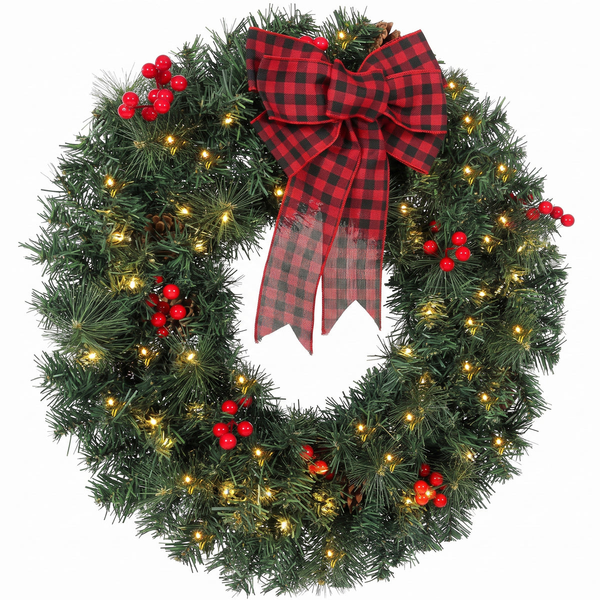 HOMCOM Weihnachtskranz 60 cm Türkranz mit Crestwood-Fichten Design, Schleife, 50 LEDs, 140 Zweigspitzen, 8