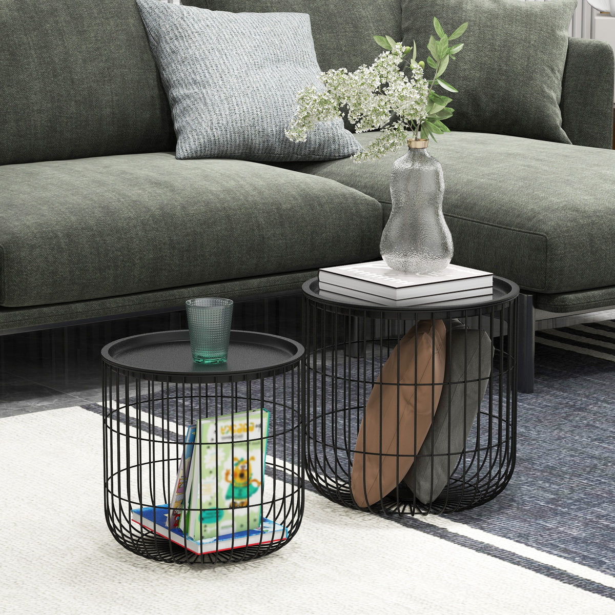 HOMCOM 2er-Set Beistelltische im Skandidesign, mit Stauraum, stapelbar, Schwarz – Produktabbildung 2