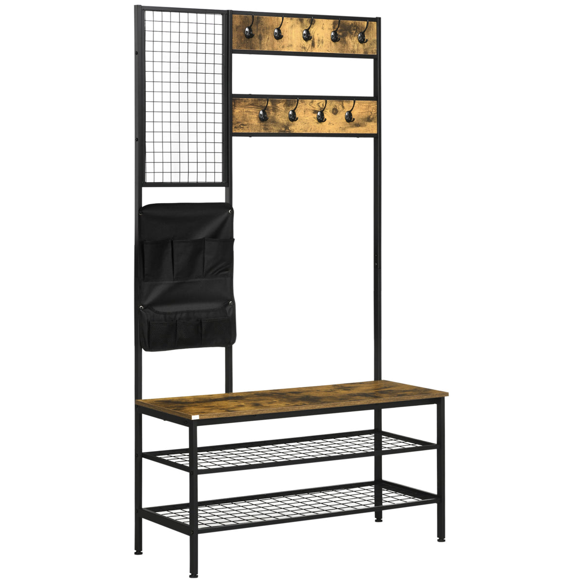 HOMCOM Garderobe im Industriedesign, 1 Memoboard, 1 Schuhbank, 8 Kleiderhaken, 1 Aufbewahrungstasche, Schwarz
