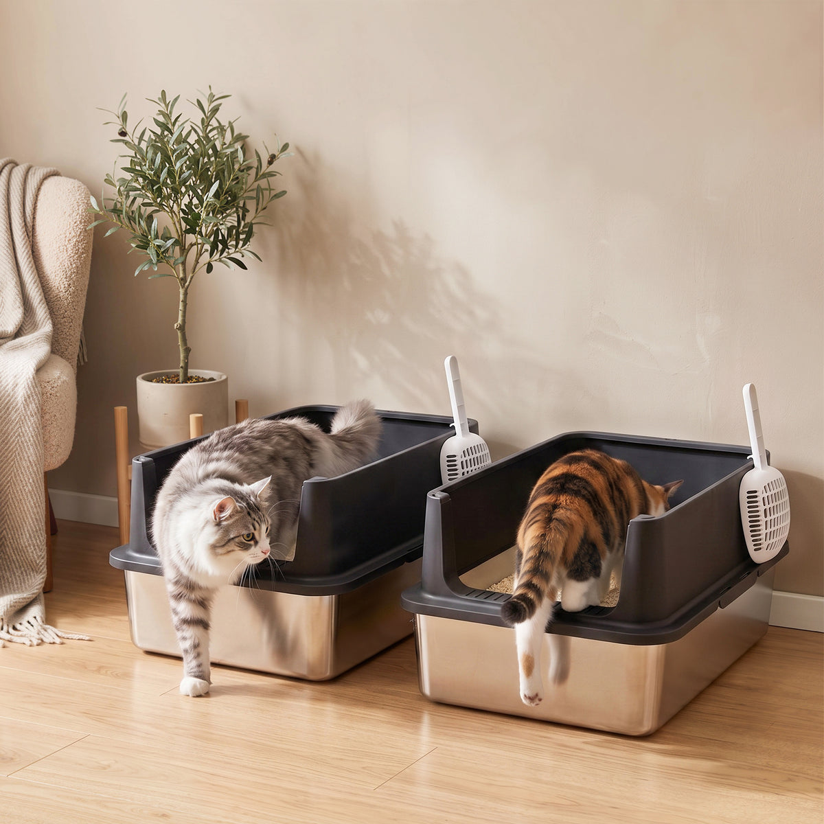 PawHut 2er-Set Katzenklo Edelstahl XL mit Hohem Rand Deckel 60x40x30cm Halboffene mit 2 Schaufeln, für – Produktabbildung 2