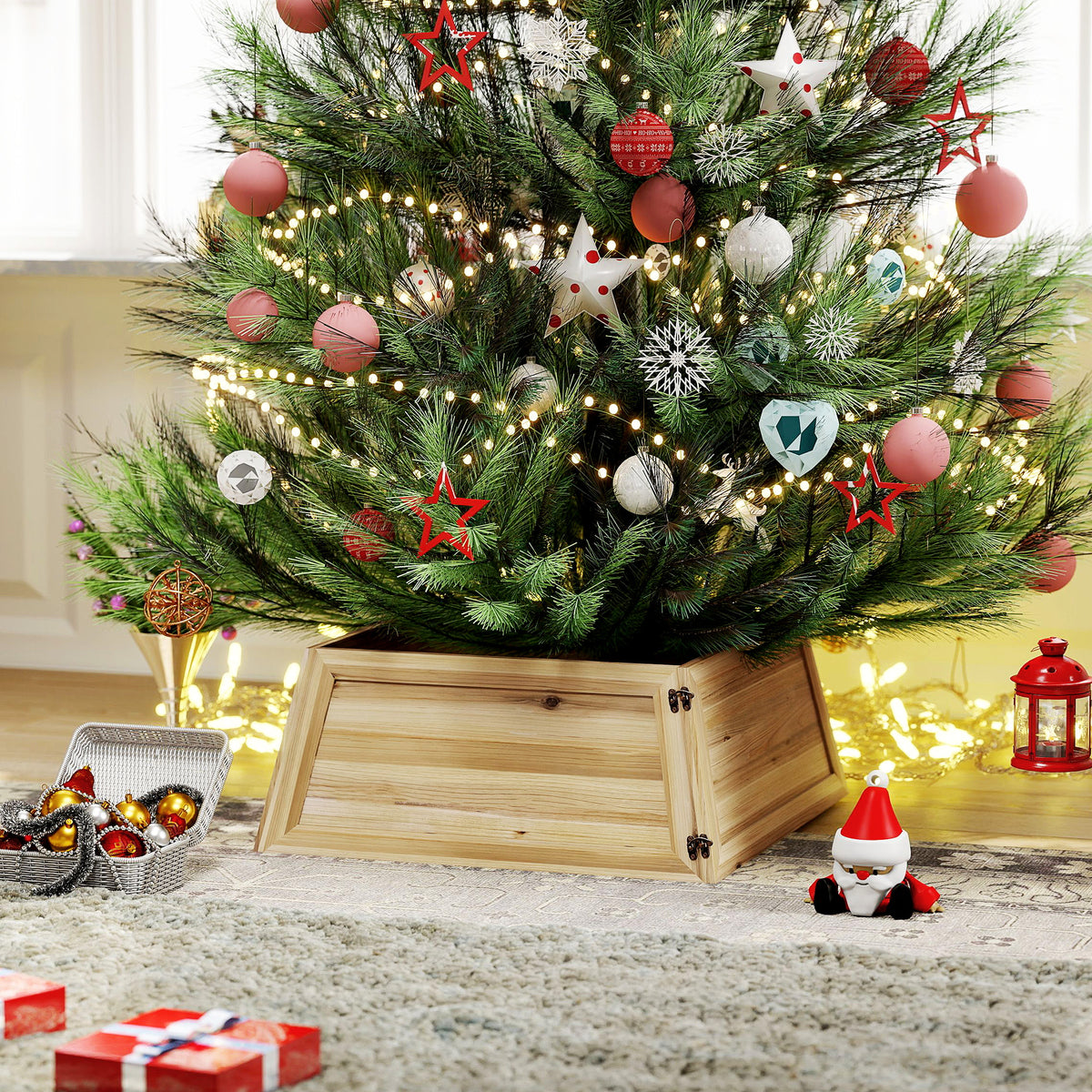 HOMCOM Weihnachtsbaumrock 65 x 65 cm Weihnachtsbaum Kragen aus Tannenholz Naturholz – Produktabbildung 2