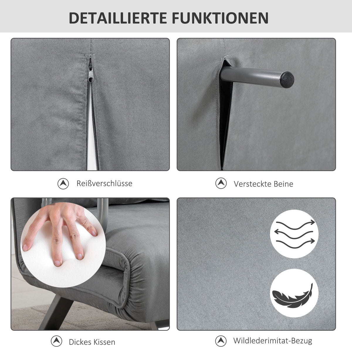 HOMCOM Schlafsofa, Doppelsofa, Gästebett, inklusive 2 Kissen, Grau – Produktabbildung 6