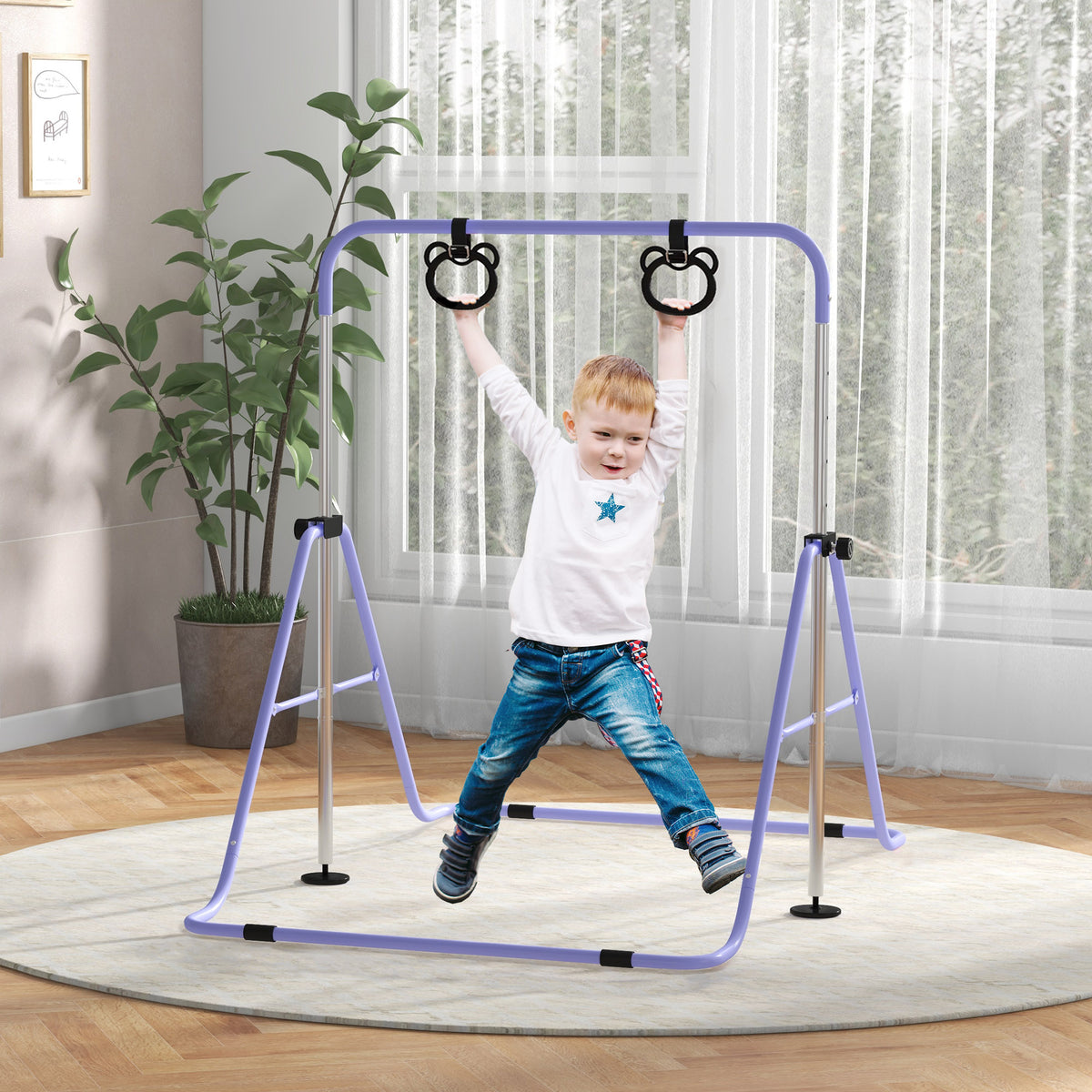 HOMCOM Kinder-Turnbarren mit Ringen, höhenverstellbar, klappbar, rutschfest, Stahlrahmen, 148x105x88-128 – Produktabbildung 2
