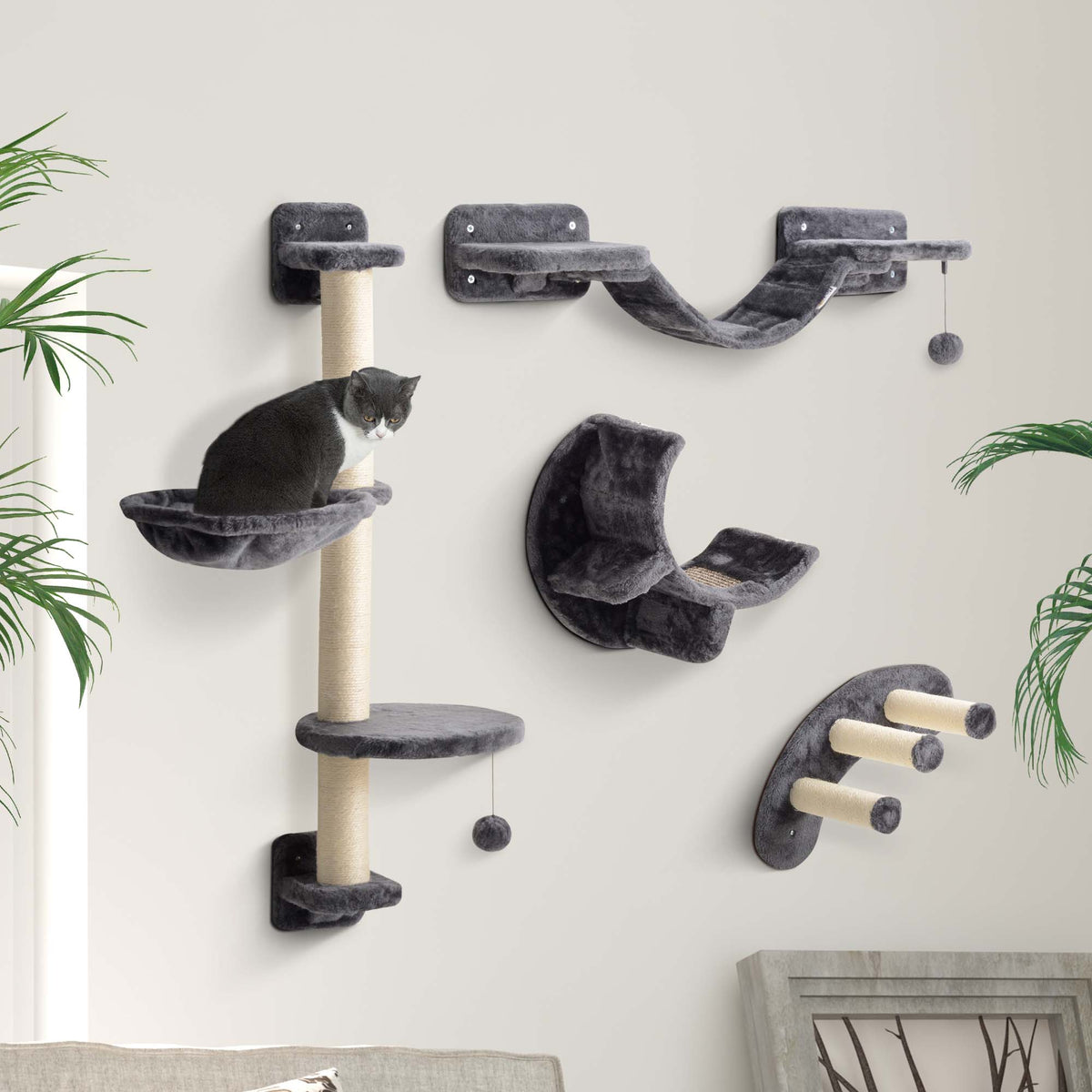 PawHut Kletterwand Katzen 4-teilig Katzen Kletterwand Set mit Hängematte, Katzenbrücke bis zu 5 kg – Produktabbildung 2