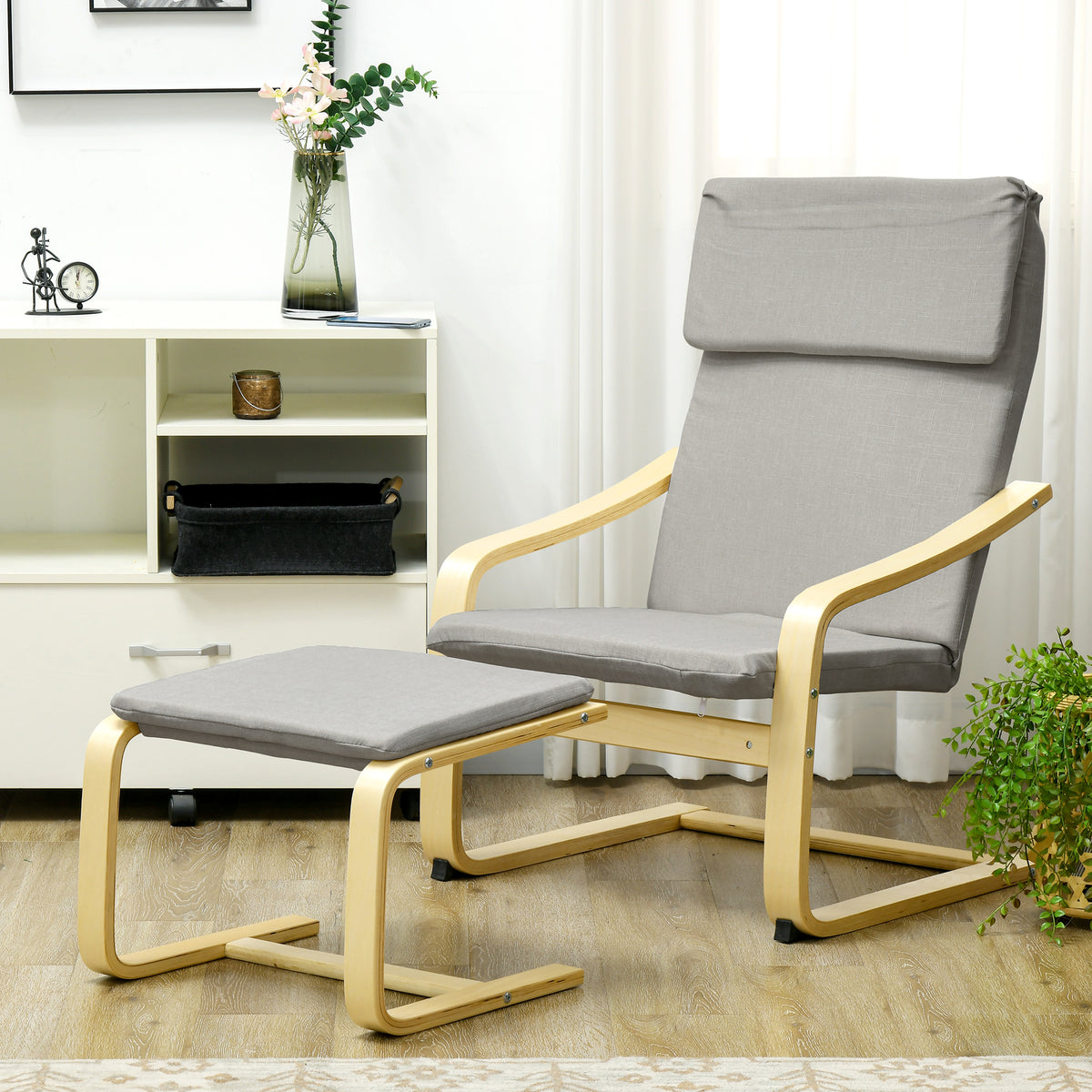 HOMCOM Loungesessel mit Hocker, Bezug in Leinenoptik, Holzrahmen, bis 120 kg, Hellgrau/Natur – Produktabbildung 2