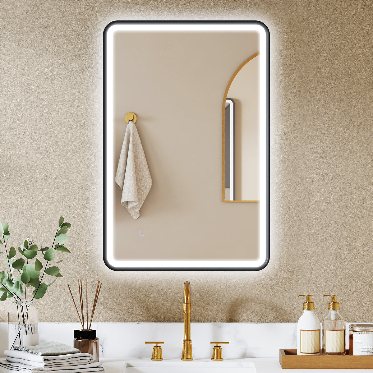 HOMCOM 90 x 60 cm LED-Badezimmerspiegel, Lichter, 3 Farben, dimmbar, Memory-Funktion, horizontal und – Produktabbildung 2