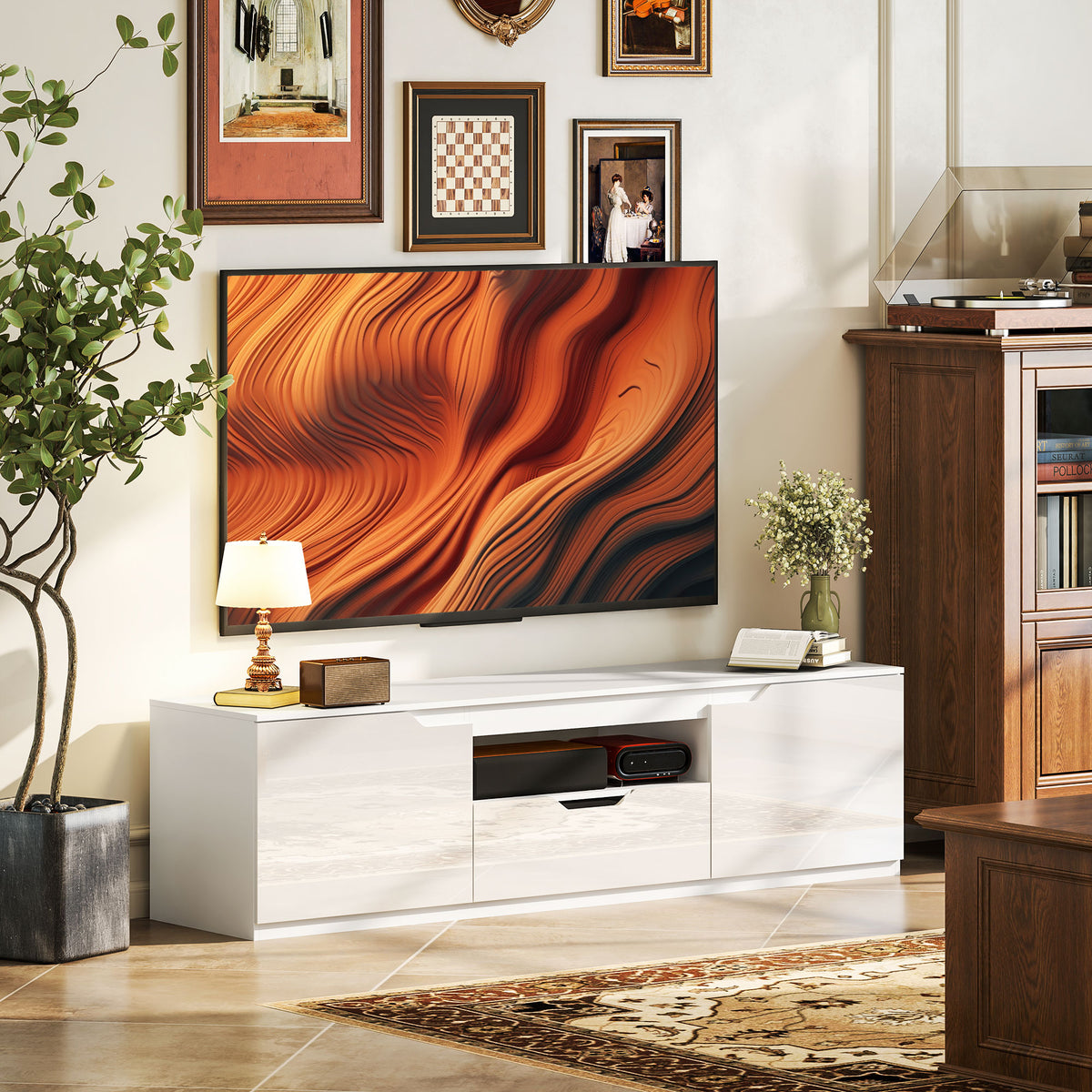 HOMCOM TV-Lowboard, Hochglanz, für Fernseher bis 65'', 3 Fächer, Schublade, 160 x 38 x 43 cm, Weiß – Produktabbildung 2