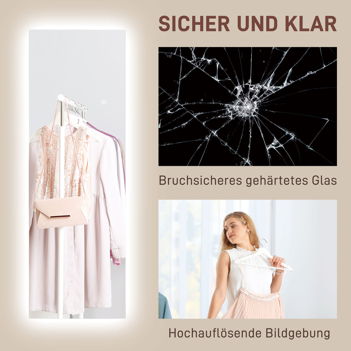 HOMCOM LED Ganzkörperspiegel, dimmbar, rahmenlos, Touch-Steuerung, 40 x 120 cm – Produktabbildung 8