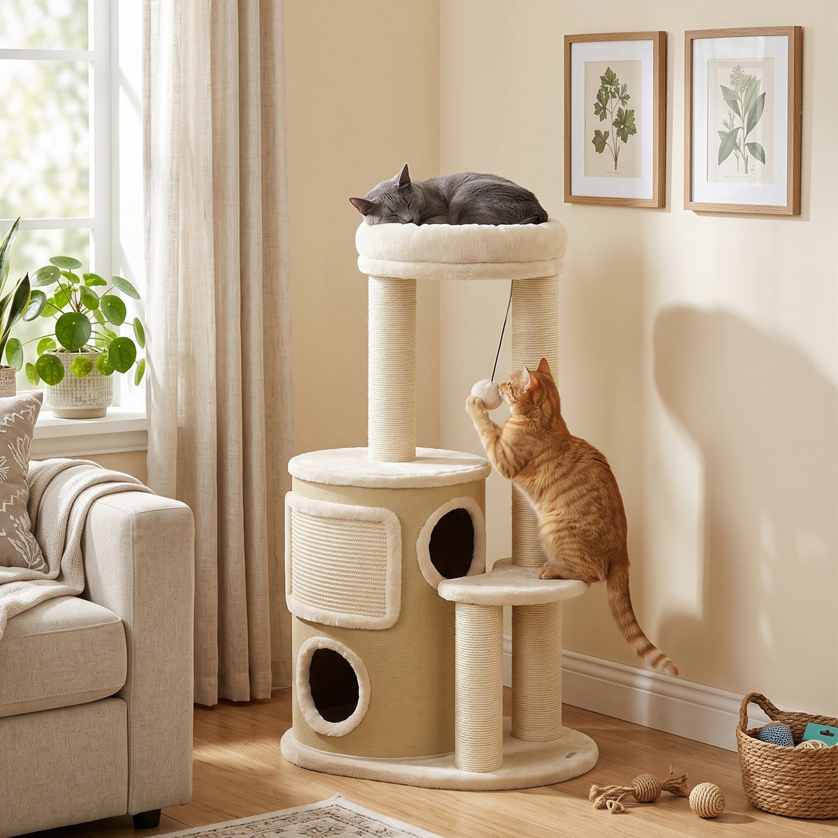 PawHut Kratzbaum mit 2-stöckiger Kratztonne Katzenbaum mit Sisal-Kratzpfosten, Plattform Sisalbrett – Produktabbildung 2