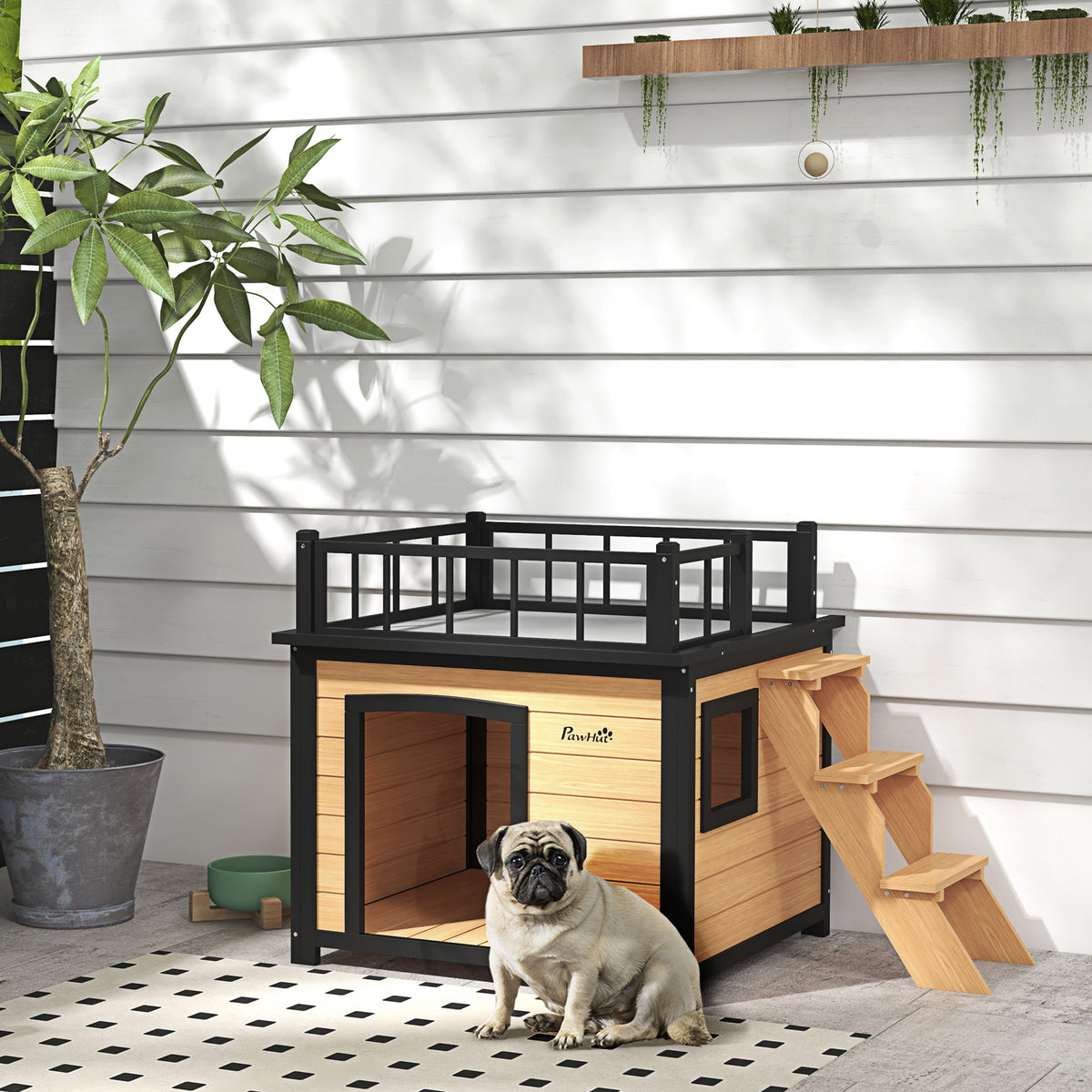 PawHut Hundehütte mit Dachterrasse, wetterfest, Holz, 121x77x78cm, Schwarz/Gelb – Produktabbildung 2