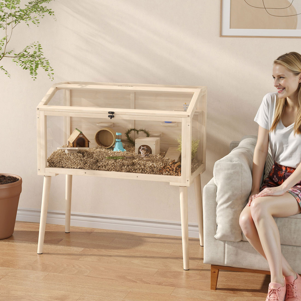 PawHut Hamsterkäfig, Zwerghamstergehege, Kleintierstall mit Zubehör, Wasserflasche, 110 x 52 x 101 cm – Produktabbildung 2