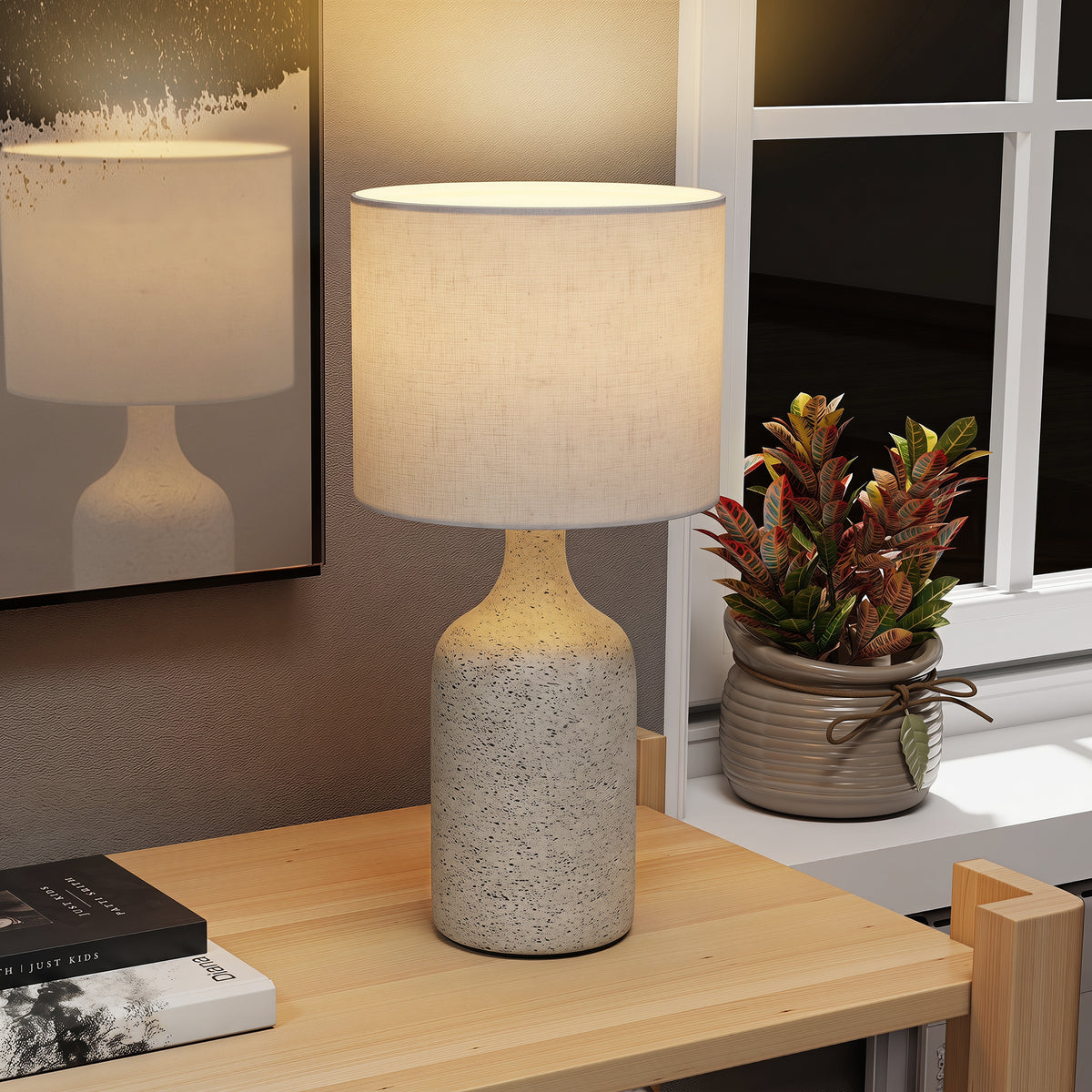 HOMCOM Tischlampe Tischleuchte, Nachttischlampe Schreibtischlampe mit Keramiksockel, Leinenschirm – Produktabbildung 2