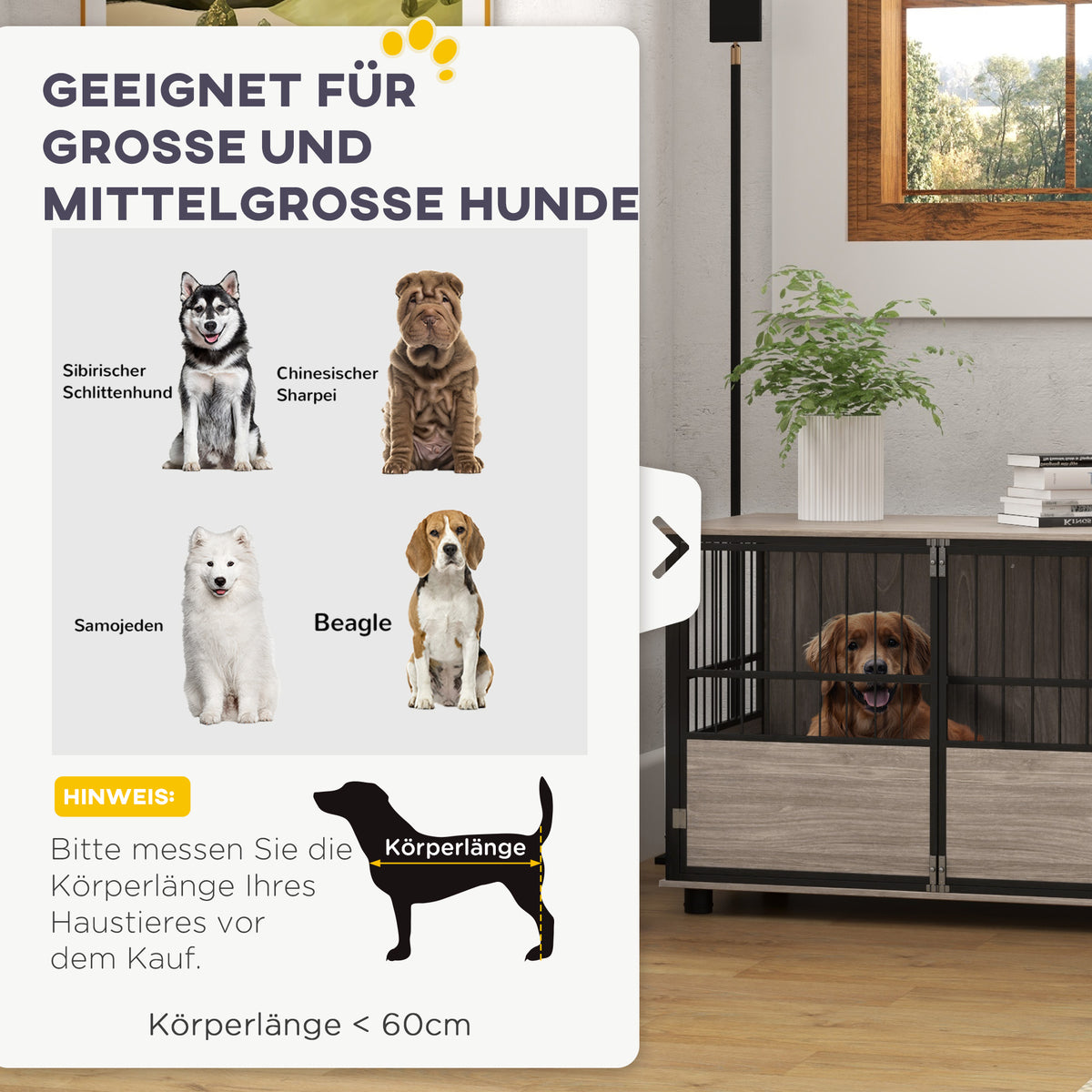 PawHut Hundebox, robust & stilvoll, 100x60x68cm, Walnussholz-Finish & Schwarz – Produktabbildung 5