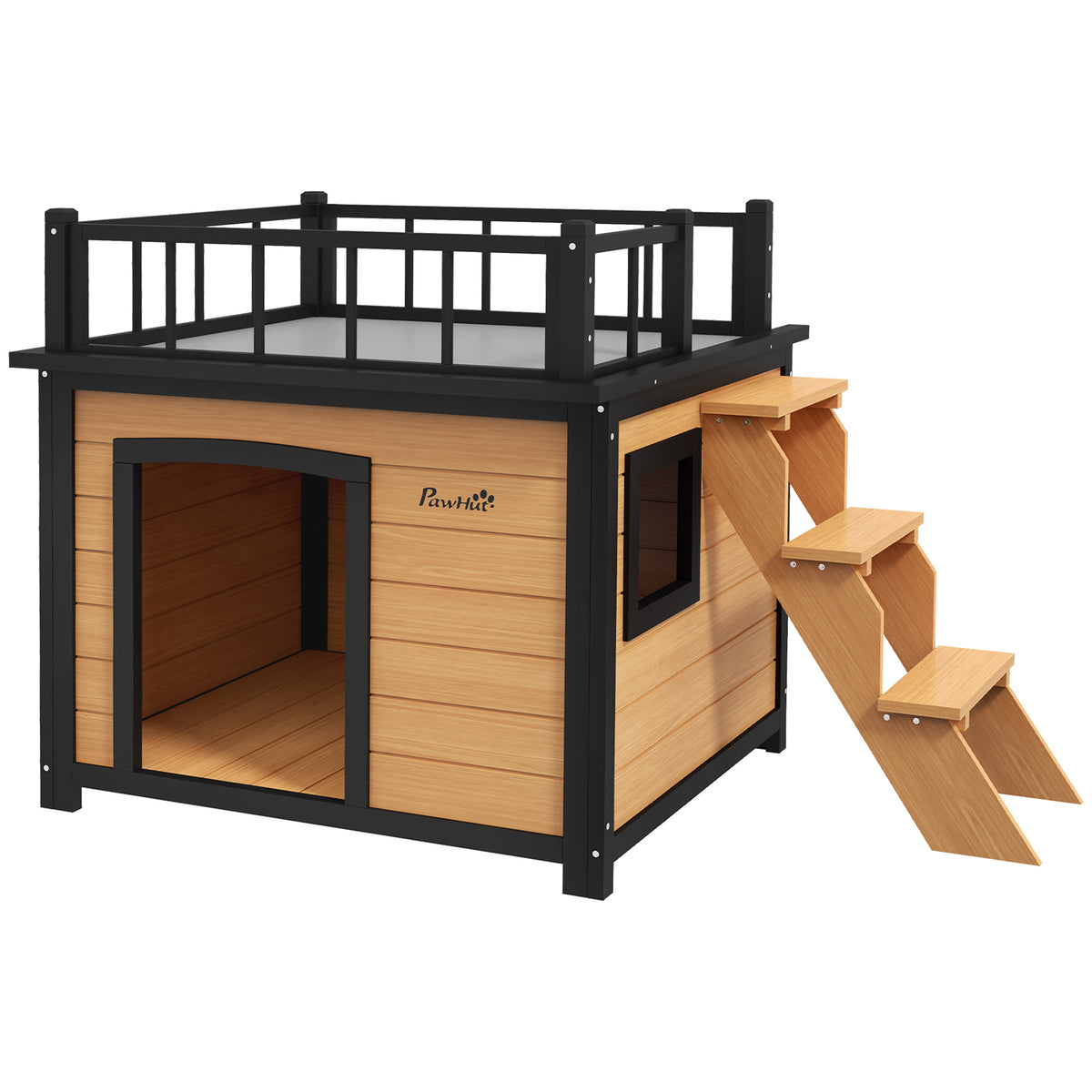 PawHut Hundehütte mit Dachterrasse, wetterfest, Holz, 121x77x78cm, Schwarz/Gelb