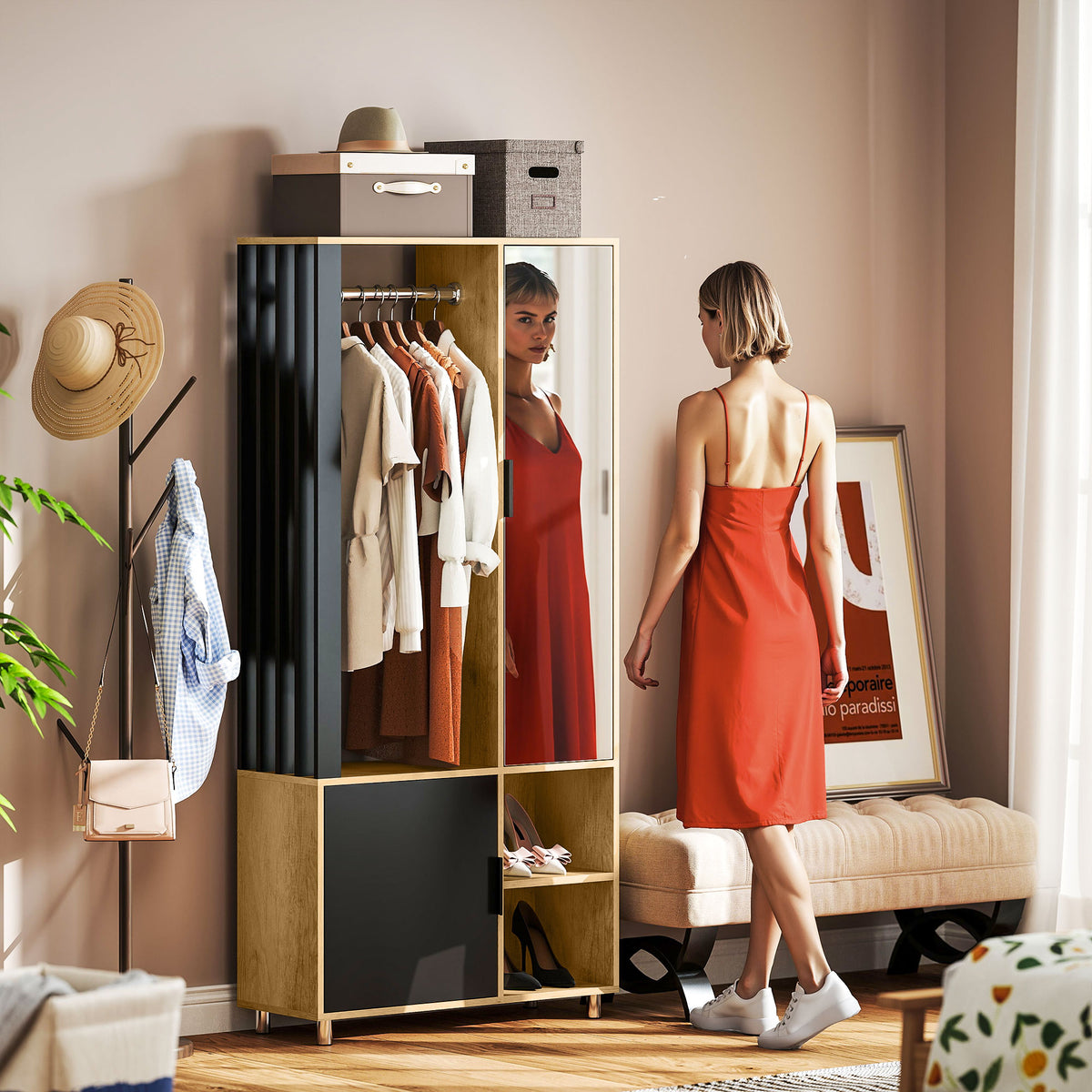 HOMCOM Kleiderschrank mit Spiegel und Hängestange, Aufbewahrungsfächer, offene Ablageflächen, Naturholz – Produktabbildung 2