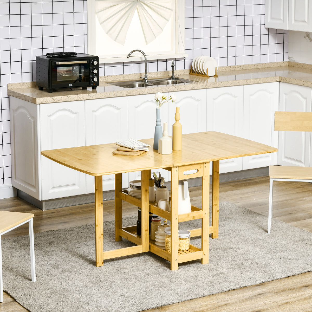 HOMCOM Klapptisch, Esstisch, zwei klappbare Seiten, zwei Ablagen, verstellbare Füße, Bambus, 149,5 x 80 – Produktabbildung 2