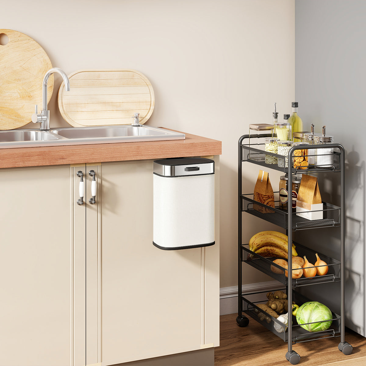 HOMCOM 5 L Mülleimer, freistehend oder hängend platzierbar, Edelstahl, Cremeweiß – Produktabbildung 2