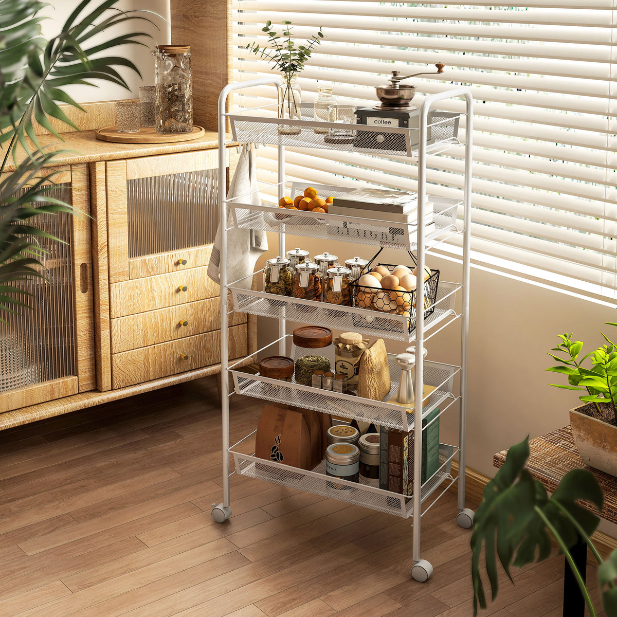HOMCOM Küchenwagen mit 5 Drahtkörben, 4 Haken, 4 Rollen, 2 Griffe, Stahl/Kunststoff, 45x26,5x106 cm – Produktabbildung 2
