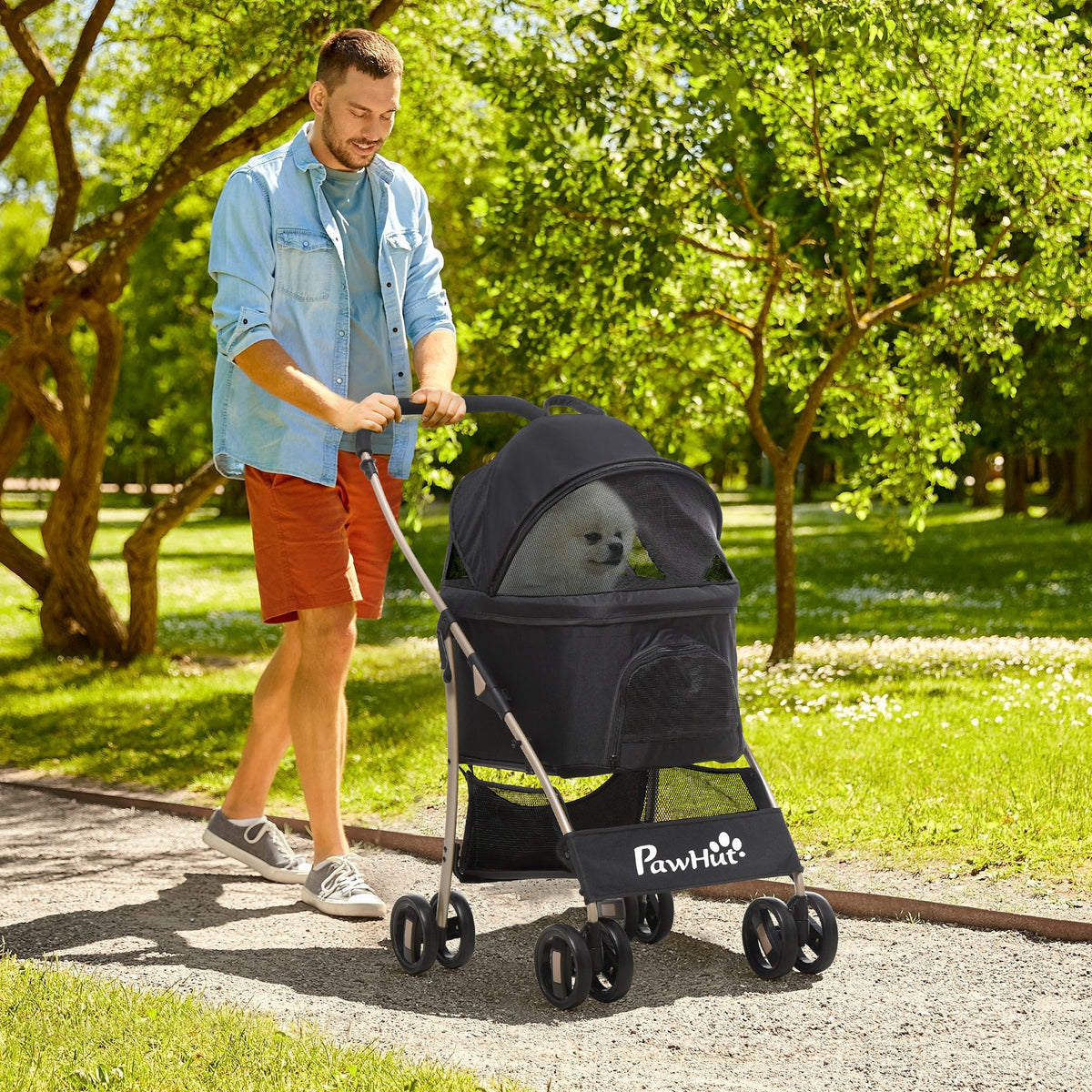 PawHut 2-in-1 Hundewagen und Transportkorb bis 10 kg Klappbar Netzfenster Bodenkorb 82 cm x 49,5 cm x 98 – Produktabbildung 2