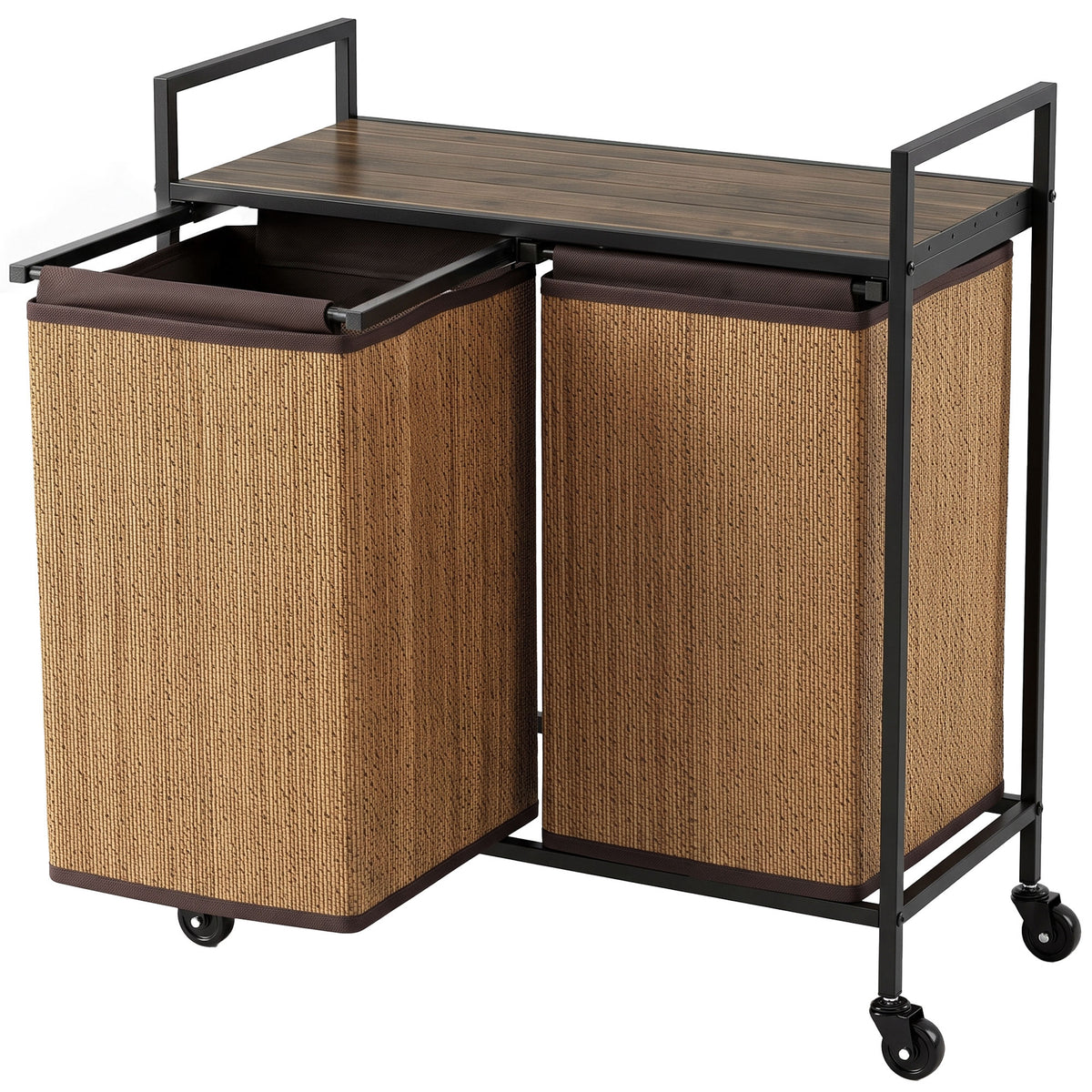 HOMCOM Wäschekorb Bambus 2 Fächer 120 L Wäschesammler mit Regal Ablage, Wäschebox Wäschesack, Rollbar