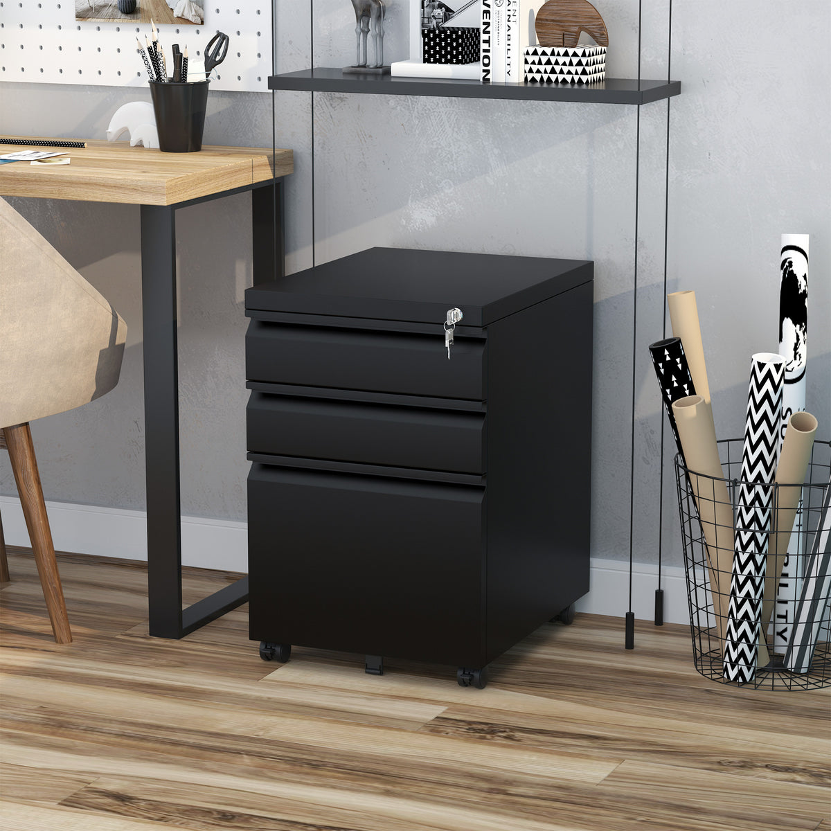 Vinsetto Rollcontainer, 3 Schubladen, 5 Räder, Hängeregister, abschließbar, Stahl, schwarz 39 x 48 x 60 – Produktabbildung 2