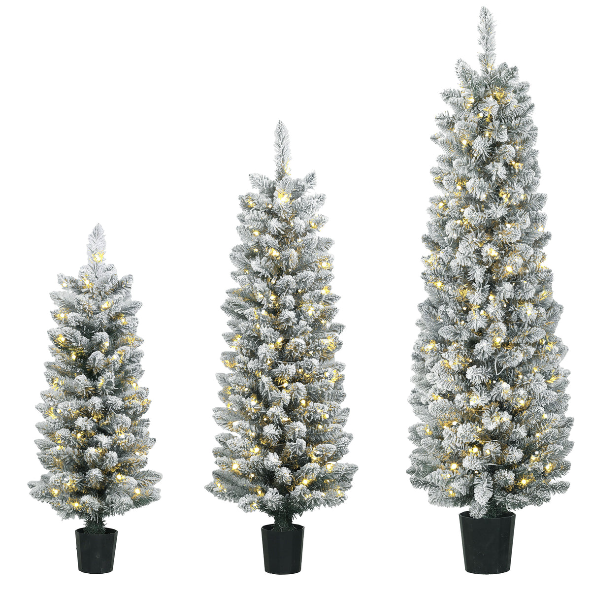 HOMCOM 3er-Set schneebeflockte LED-Weihnachtsbäume, schmal, mit PVC-Zweigen, 90/120/150 cm