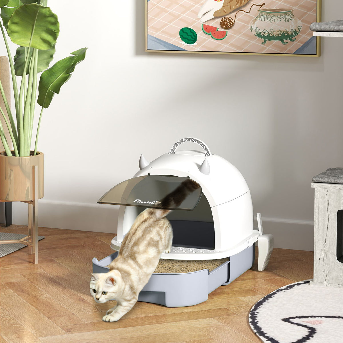 PawHut Katzenklo mit Deckel Katzentoilette mit Schaufel Bodenschublade Eingangspedal für Katzen bis 5 kg – Produktabbildung 2