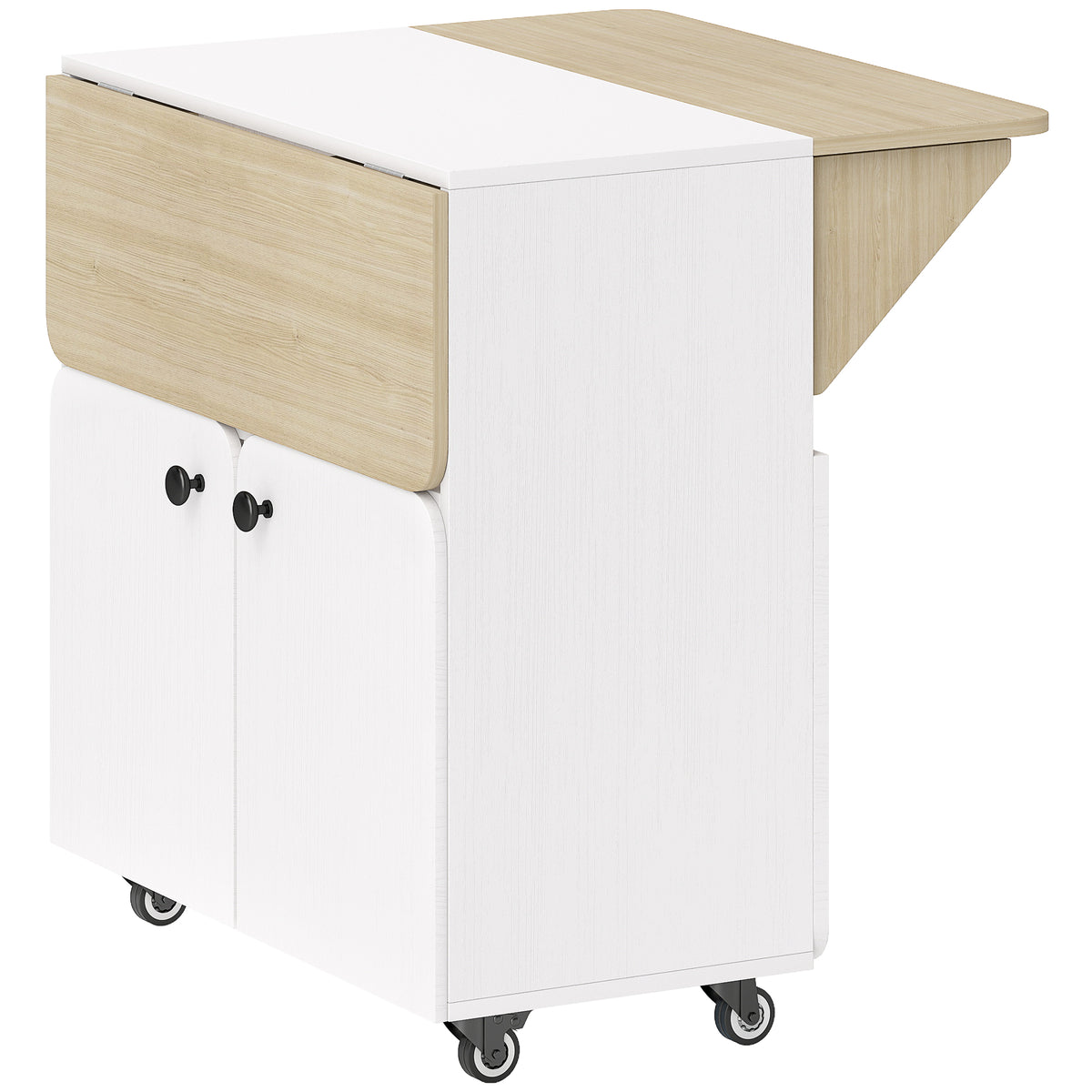 HOMCOM Klapptisch Rollschrank, zwei klappbare Tischseiten, Schrankfach, 4 Rollen, Weiß+Naturholz, 70 x 83 x