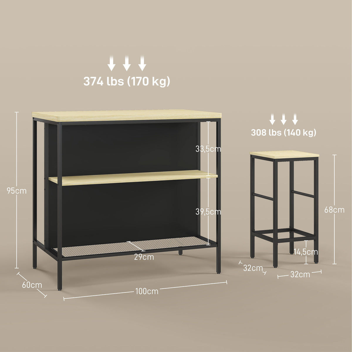 HOMCOM Bar-Set, 2 Barstühle & 1 Bartisch, fleckenresistent, stabil, Stahlrahmen, Schwarz/Eiche – Produktabbildung 3