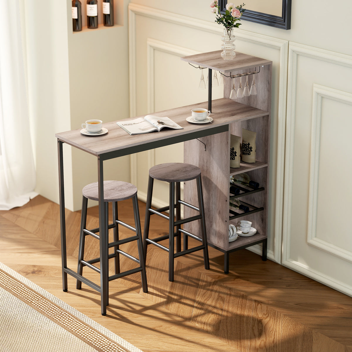 HOMCOM 3-tlg. Bartisch-Set mit Stauraum, Weinregalen, Glashaltern, Hockern mit Fußstütze, für kleine – Produktabbildung 2