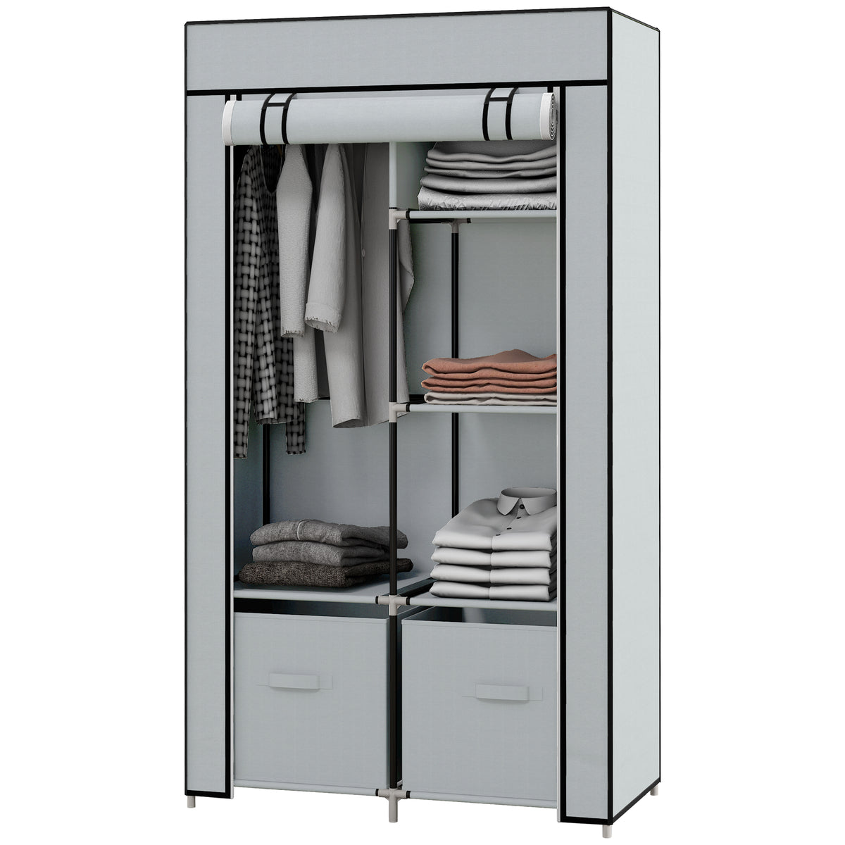 HOMCOM Kleiderschrank Stoffschrank 1 Kleiderstange, 2 Schubladen, 83 x 42.5 x 162,5 cm, Grau