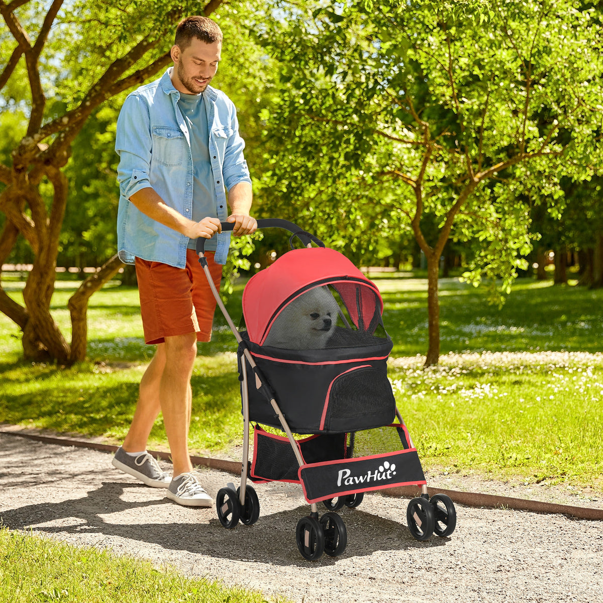 PawHut 2-in-1 Hundebuggy Tragtasche Autositz bis 10kg klappbar Bodenkorb 82 cm x 49,5 cm x 98 cm Rot – Produktabbildung 2