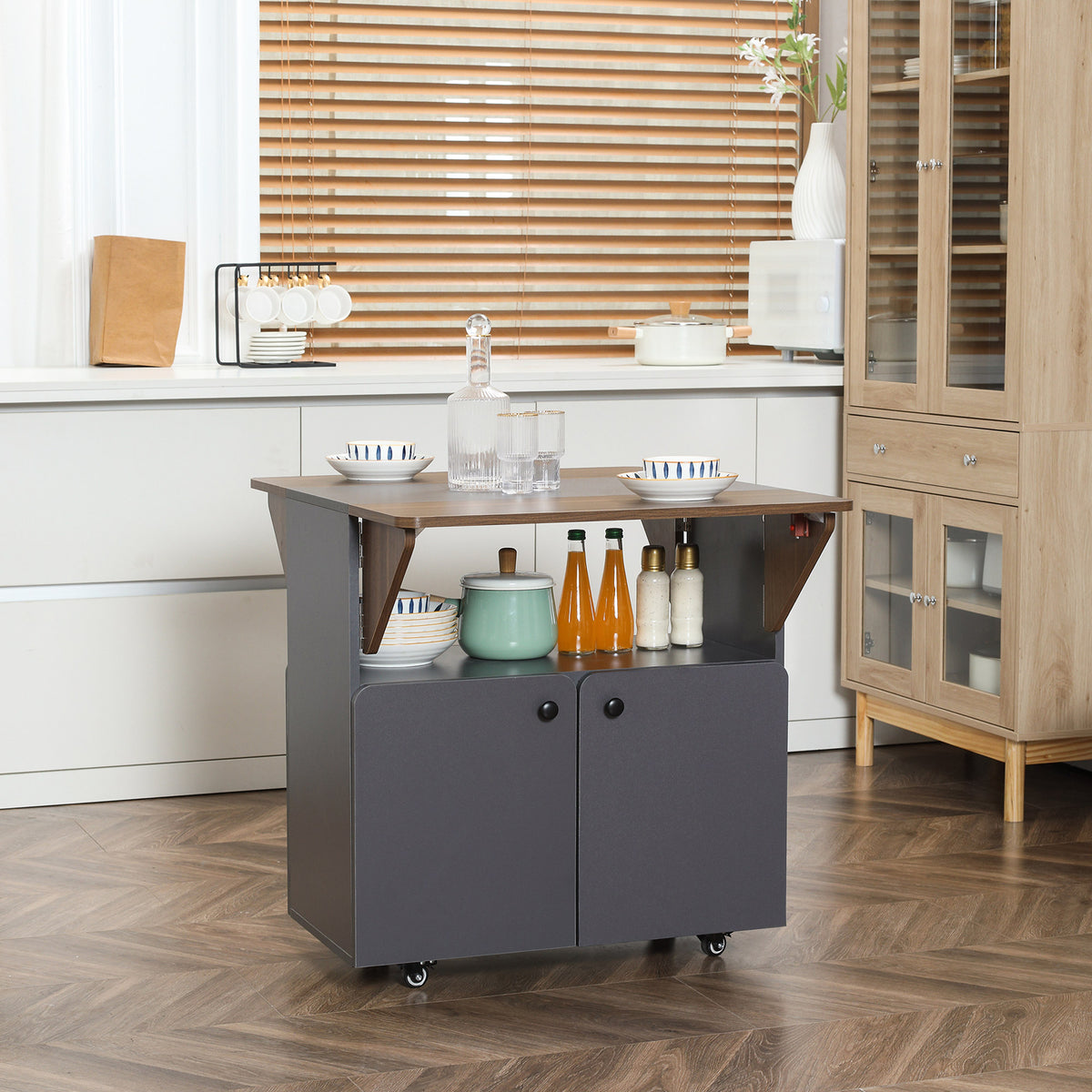 HOMCOM Klapptisch Rollschrank, zwei klappbare Tischseiten, Schrankfach, 4 Rollen, Hellgrau+Dunkelbraun – Produktabbildung 2