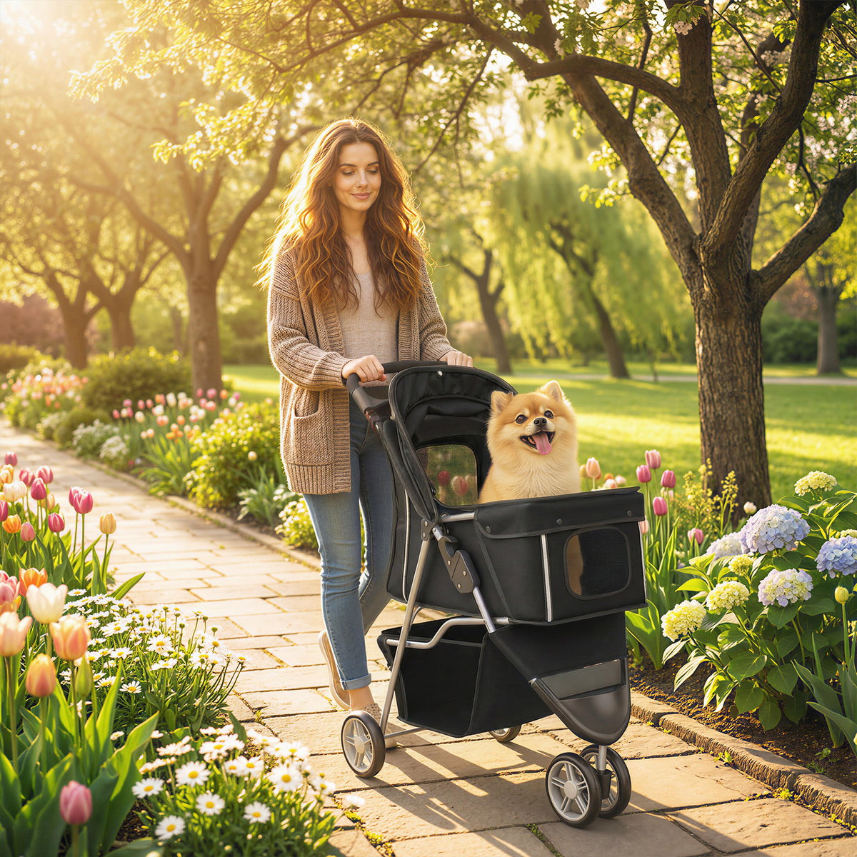 PawHut Hundewagen Faltbar Hundebuggy mit Aufbewahrungskorb Kissen Netzfenster Getränkehalter für kleine – Produktabbildung 2