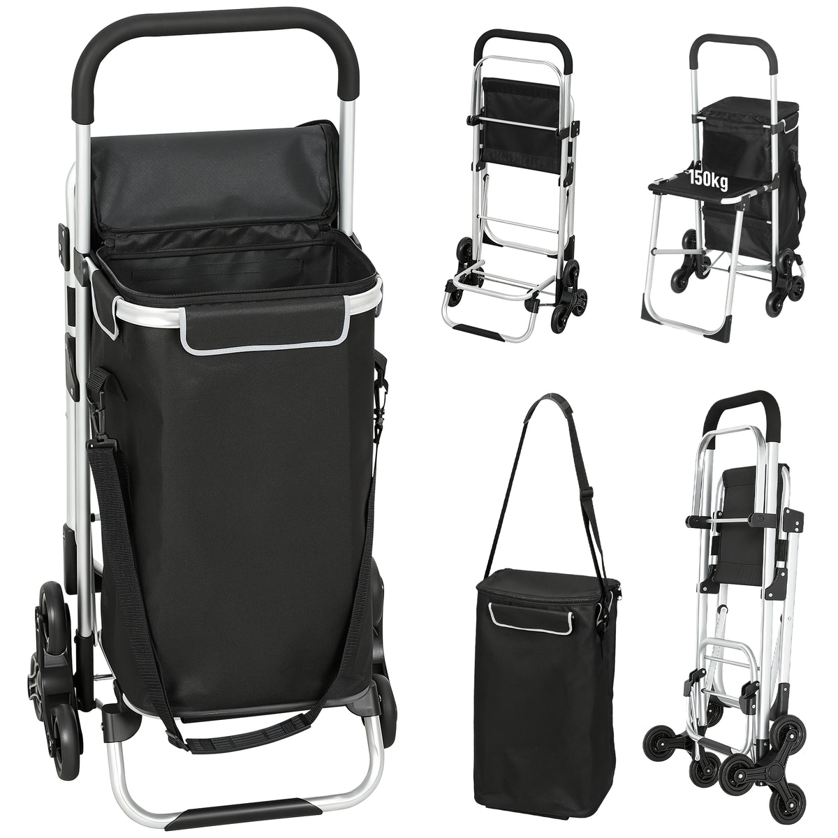 HOMCOM Einkaufstrolley, 40 L Oxford-Tasche, 3-Rad-Design, Aluminiumrahmen, Sitz, Grau