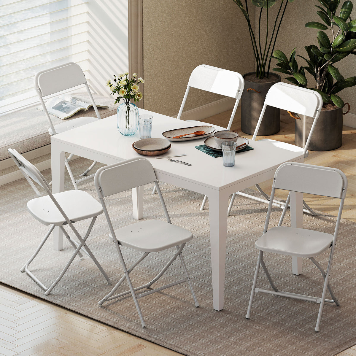 HOMCOM 6er-Set Klappstühle, faltbare Stühle mit Ablauflöchern, Stahlrahmen, vielseitig einsetzbar, Weiß – Produktabbildung 2