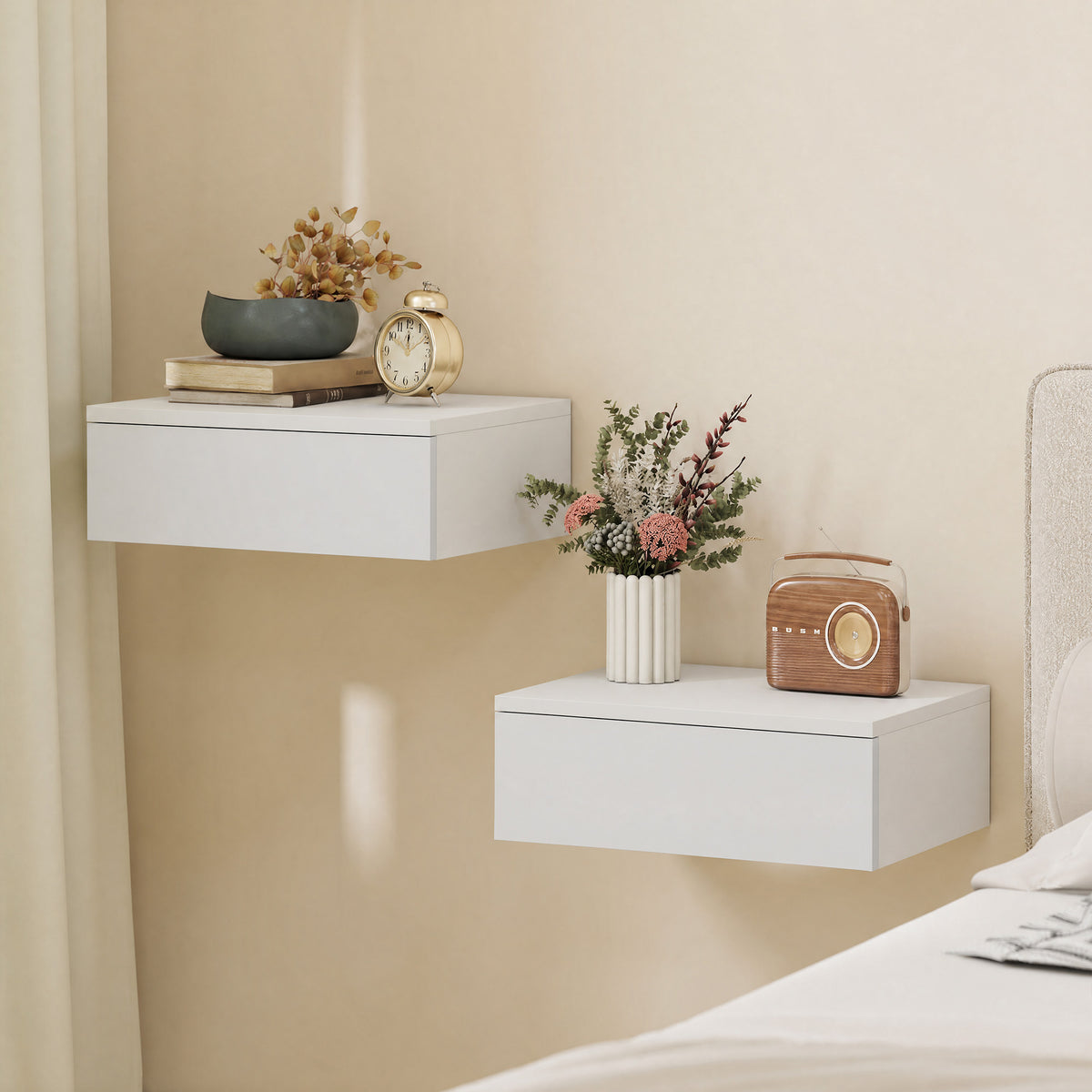 HOMCOM 2er-Set Nachttische, wandmontiertes Design, Schublade, für Schlafzimmer, Spanplatte, Weiß – Produktabbildung 2