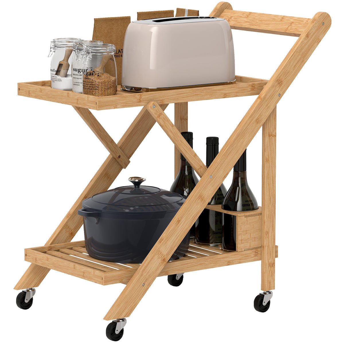HOMCOM Küchenwagen auf Rädern, Servierwagen mit 3 Weinregalen, 2 Tabletts, für Küche, Esszimmer – Produktabbildung 10
