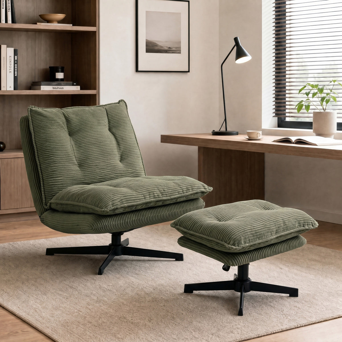 HOMCOM Loungesessel mit Hocker, 360° drehbar, Cordbezug, höhenverstellbare Fußstütze, Grün – Produktabbildung 2