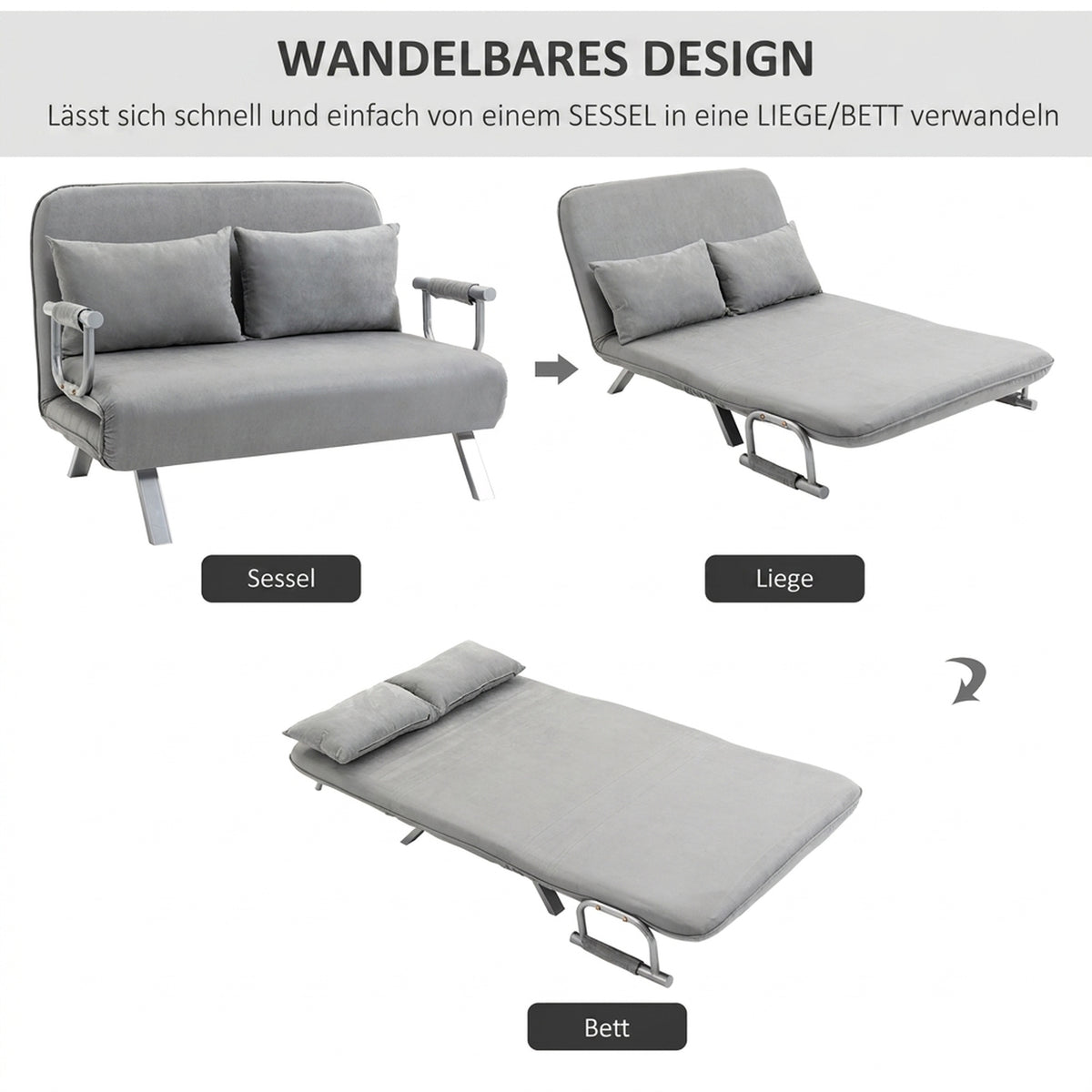 HOMCOM Schlafsofa, Doppelsofa, Gästebett, inklusive 2 Kissen, Grau – Produktabbildung 4