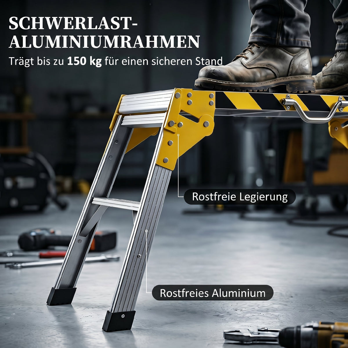 HOMCOM Arbeitsplattform Alu Werkbank Klappbar Arbeitstisch bis 150 kg, Arbeitsbühne mit Griff – Produktabbildung 14