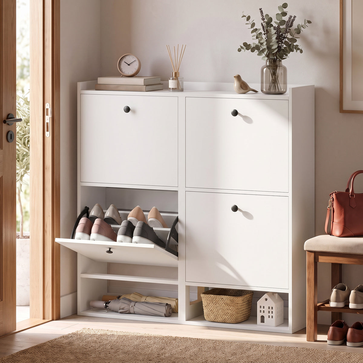 HOMCOM Schuhschrank mit 4 Klappfächern, verstellbaren Trennwänden, offenem Regal und oberer Ablage, Weiß – Produktabbildung 2