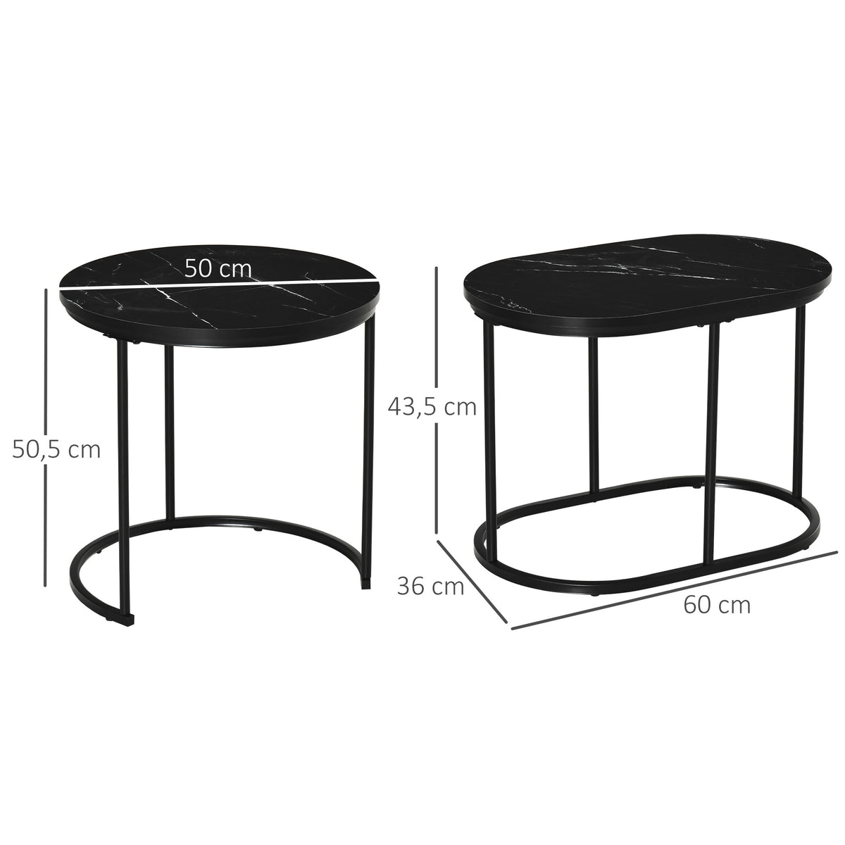HOMCOM 2er-Set Couchtisch, Ovaler und runder Kaffeetisch, stapelbar, Marmoroptik, MDF, Metall, Ø50 x – Produktabbildung 2
