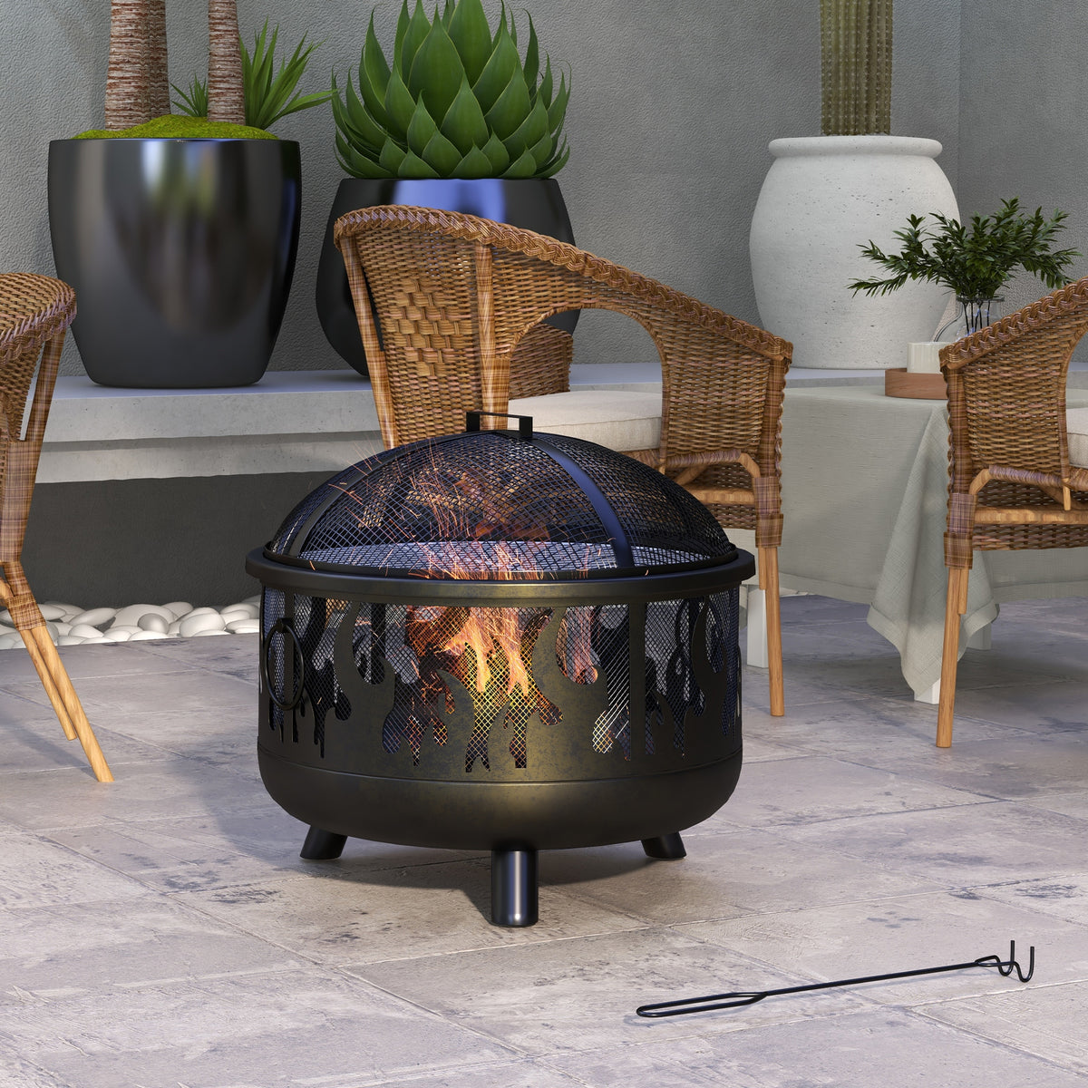 Outsunny Feuerschale Feuerstelle, inkl. Funkenschutz, 1 Schürhaken, Ø61,5 cm x 52 cm, Schwarz – Produktabbildung 2