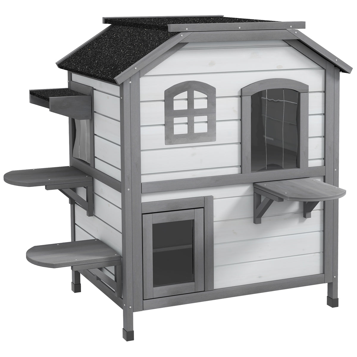 PawHut Katzenhaus Katzenhütte Katzenhöhle, 2 Stockwerke, wetterbeständig, 99,5 cm x 76 cm x 91 cm, Weiß +