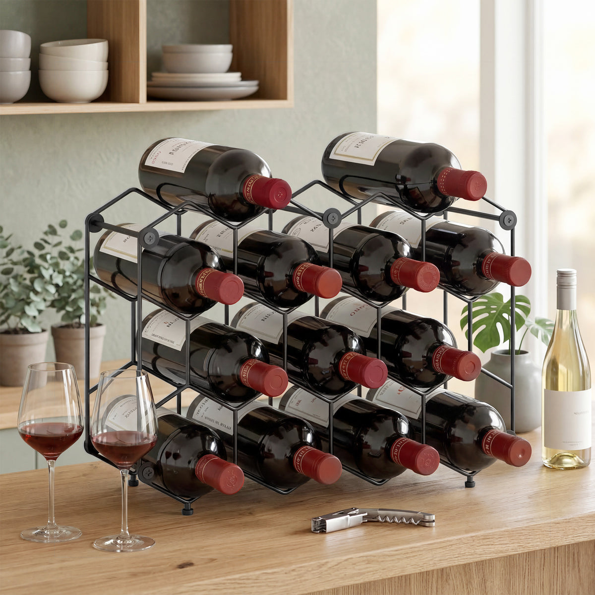 HOMCOM Weinregal für 13 Flaschen Flaschenregal mit Wabendesign Verstellbaren Füßen Kippschutz Metall 43 – Produktabbildung 2