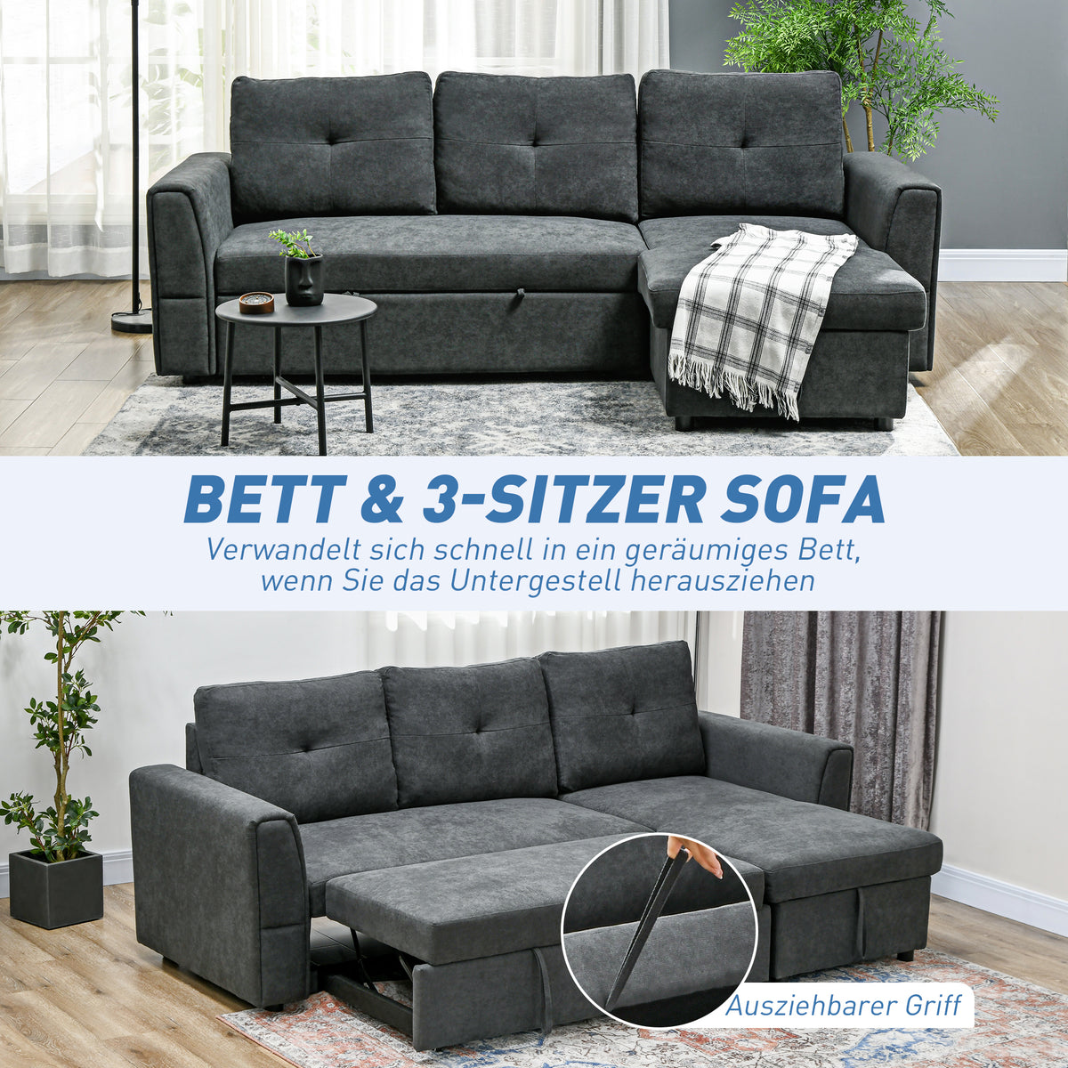 HOMCOM 3-Sitzer-Sofa mit Bettfunktion, Schlafsofa mit Chaiselongue, Polstersofa, Dunkelgrau – Produktabbildung 4