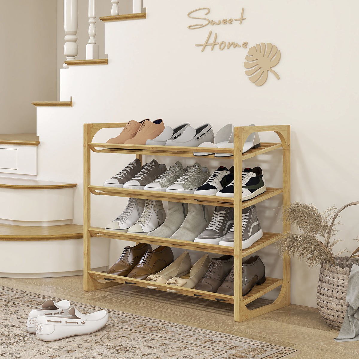 HOMCOM Schuhregal aus Bambus, 15,5 cm Regalhöhe, belüftetes Latten-Design, 76 x 33 x 67 cm – Produktabbildung 2